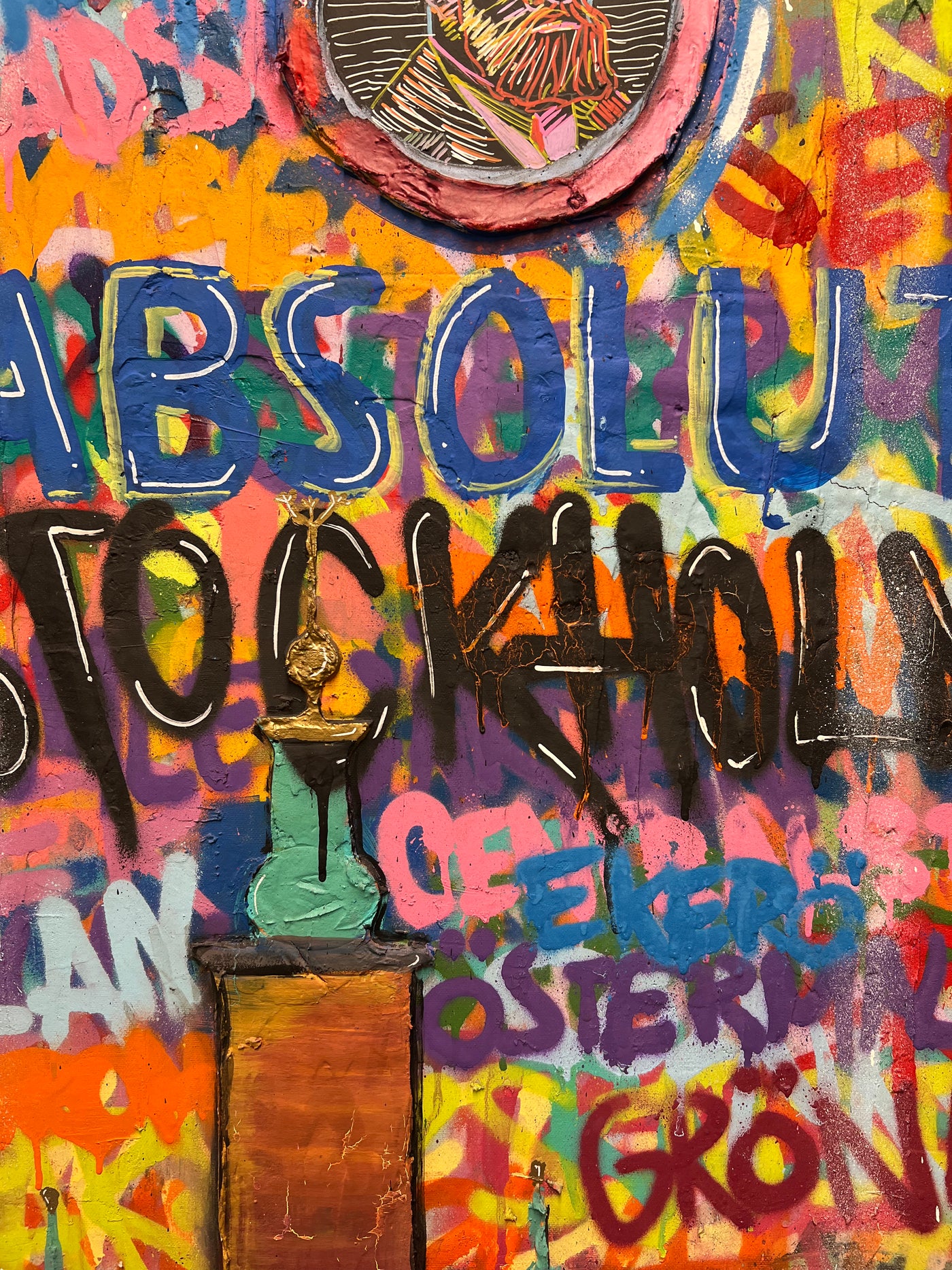 Close up on the Painting of an customized absolut vodka bottle, instead of absolut vodka it says absolut Stockholm 