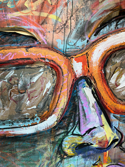 Painting of a girl with orange glasses that sticks out of the canva