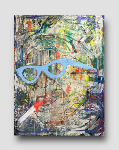 Painting of a person with a beanie, blue glasses and a cigarette in their mouth