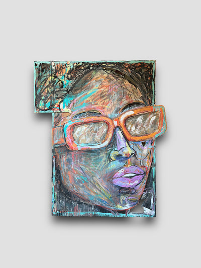 Painting of a girl with orange glasses that sticks out of the canva