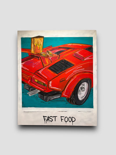 Painting of a red ferrari with blue background and a text under that says "Fast Food"