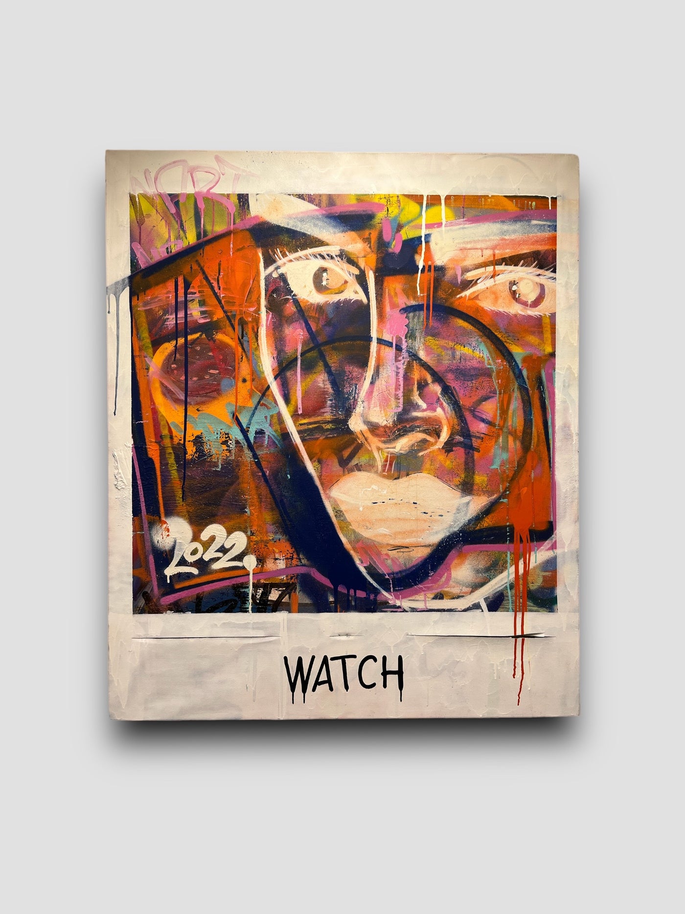 Painting of face and a watch in orange.
