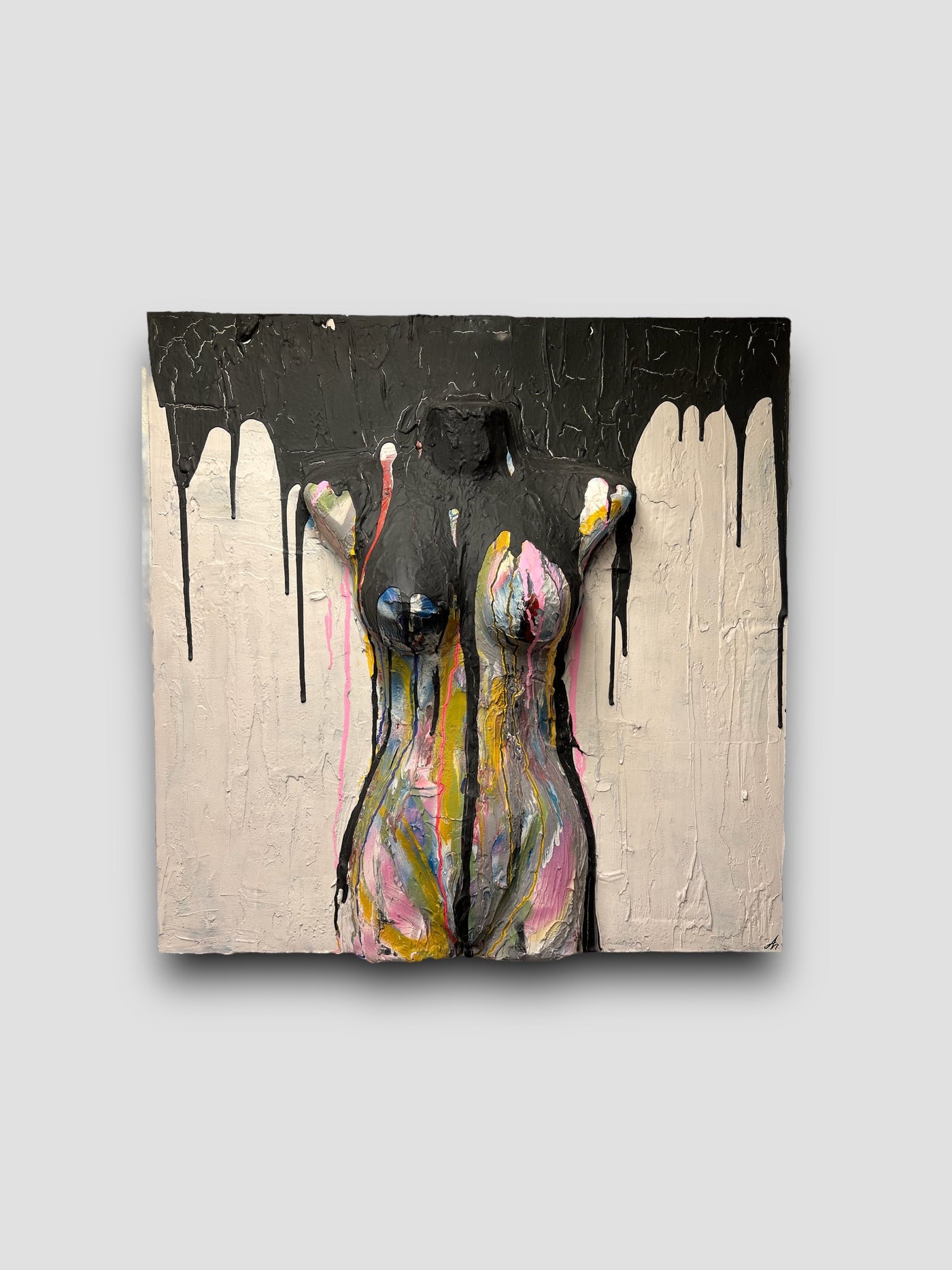 Painting of a naked womans body. The chest is sticking out of the canva