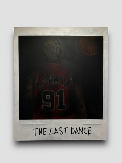 Dark painting of the back of Dennis Rodman. The text says "The Last Dance" 