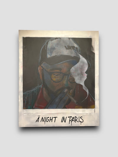 Painting of a guy with glasses and a hat smoking a cigarette. The text under says " a night in paris"