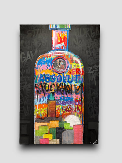 Painting of an customized absolut vodka bottle, instead of absolut vodka it says absolut Stockholm 