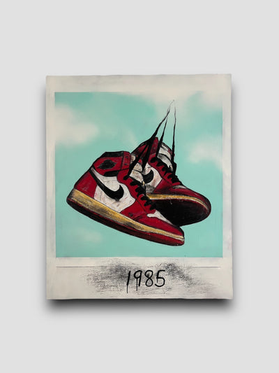 Painting of a pair of red Nike shoes hanging in the air