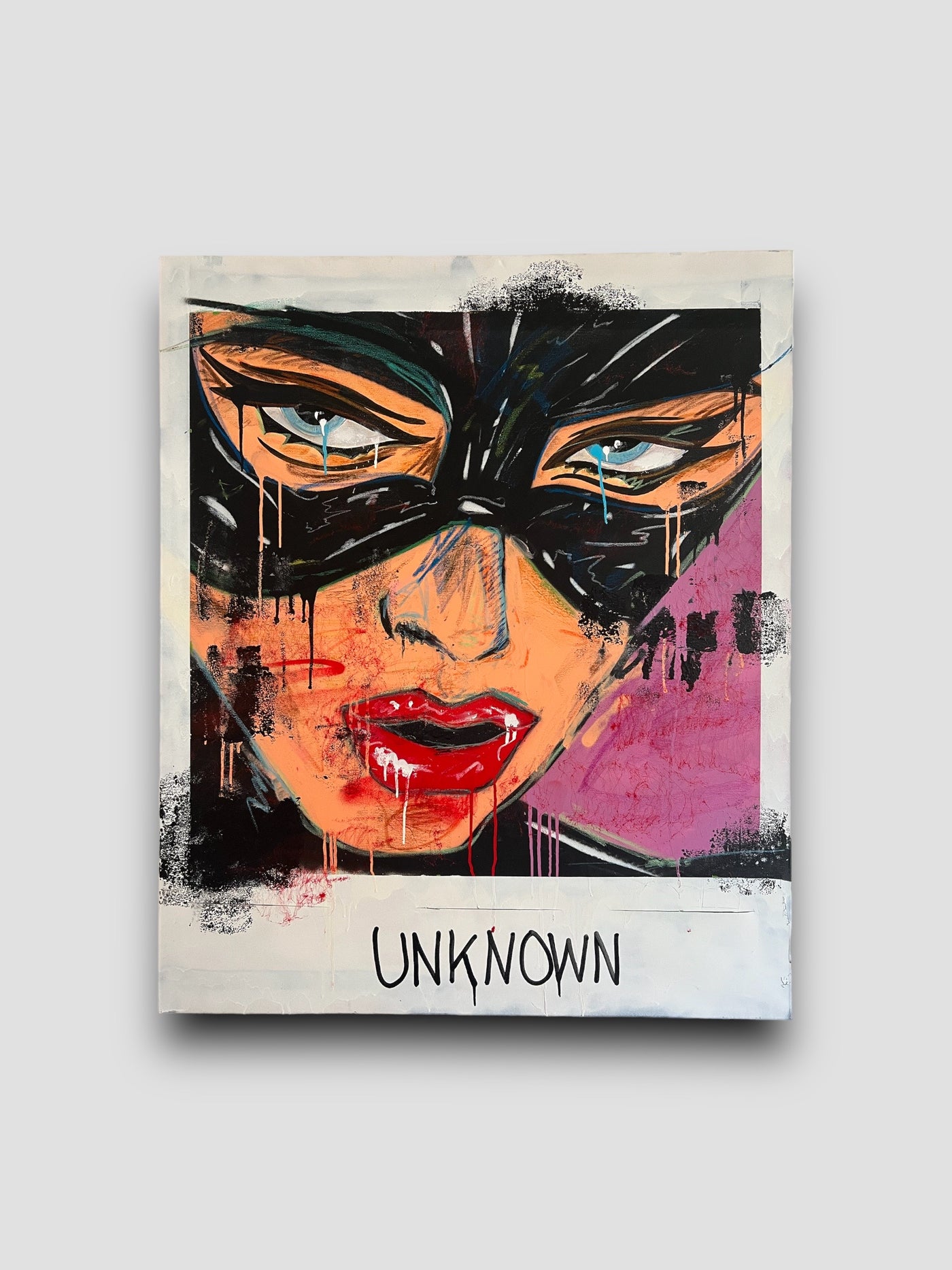 Painting of a woman with a mask that looks like "Cat Woman". The text says "Unknown"