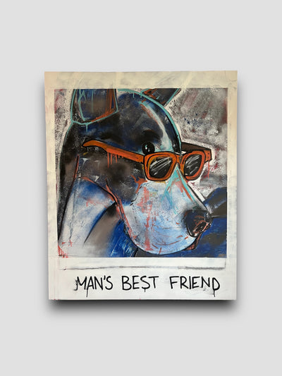 Painting of a dog with glasses and the text under says "Man's best friend"